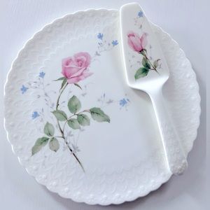 Cake & pastry plate & server in bone china by Mikasa With Rose, & forget me nots